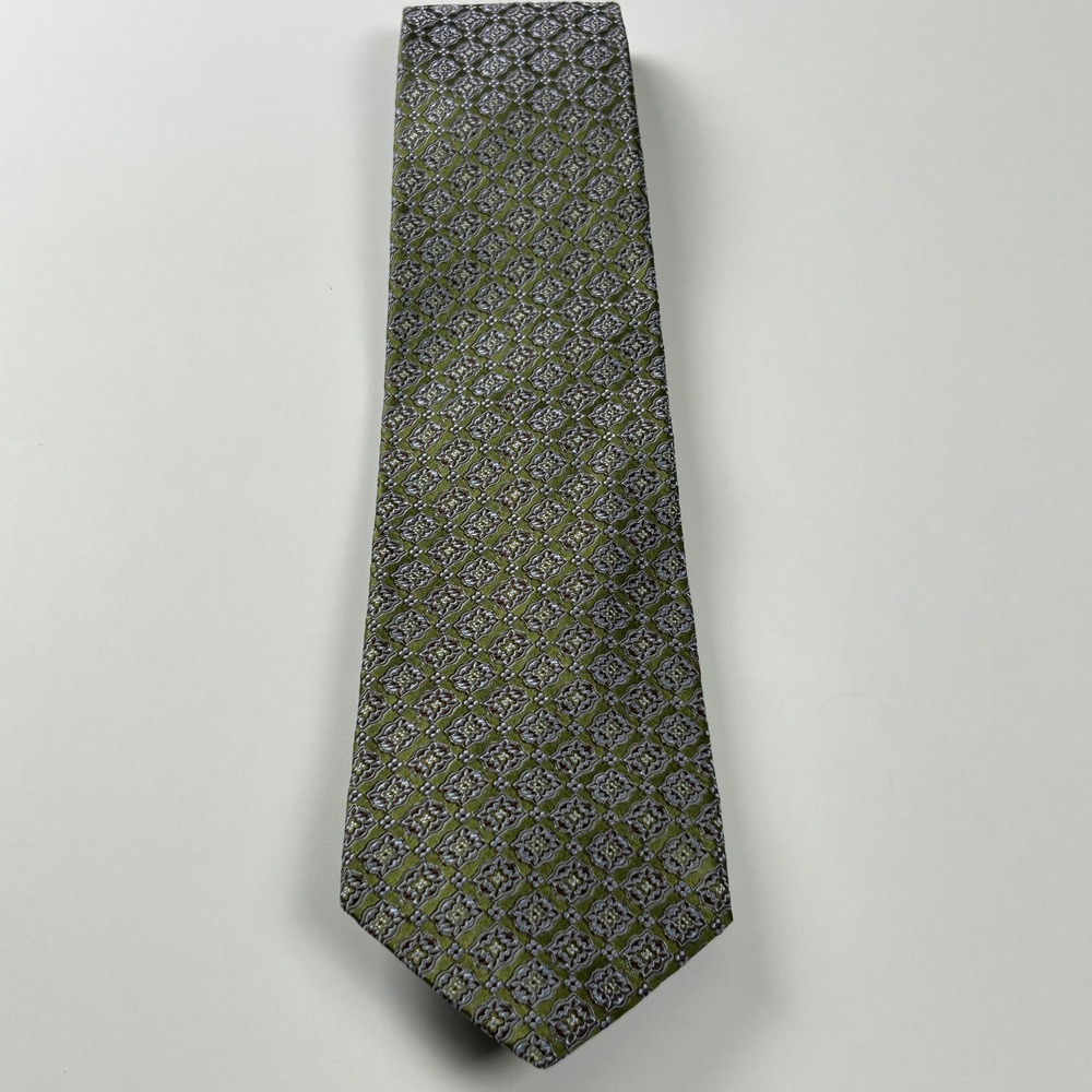 XMI Platinum Green‎ Medallion Geometric Imported Italy Silk Tie USA NWT
